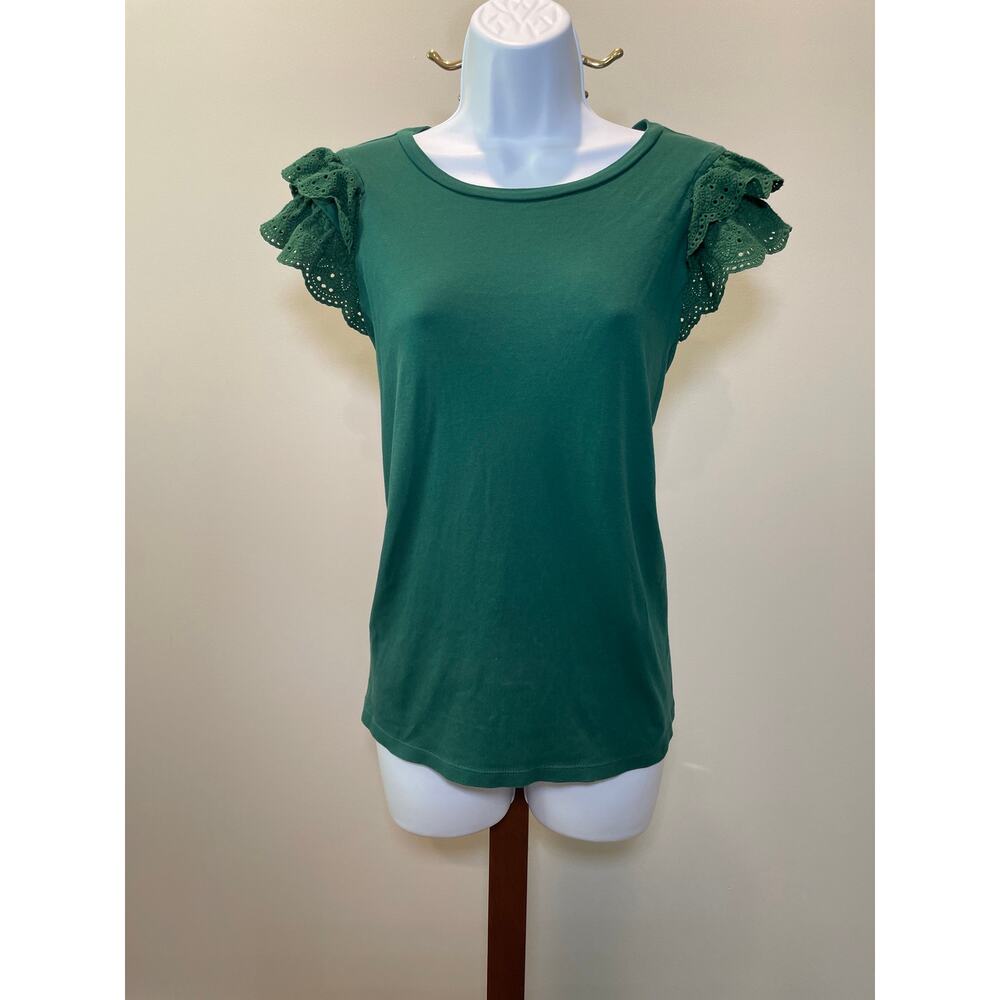 Ann Taylor Size L Green 100% Cotton Flutter‑Sleeve Top with Eyelet Detail